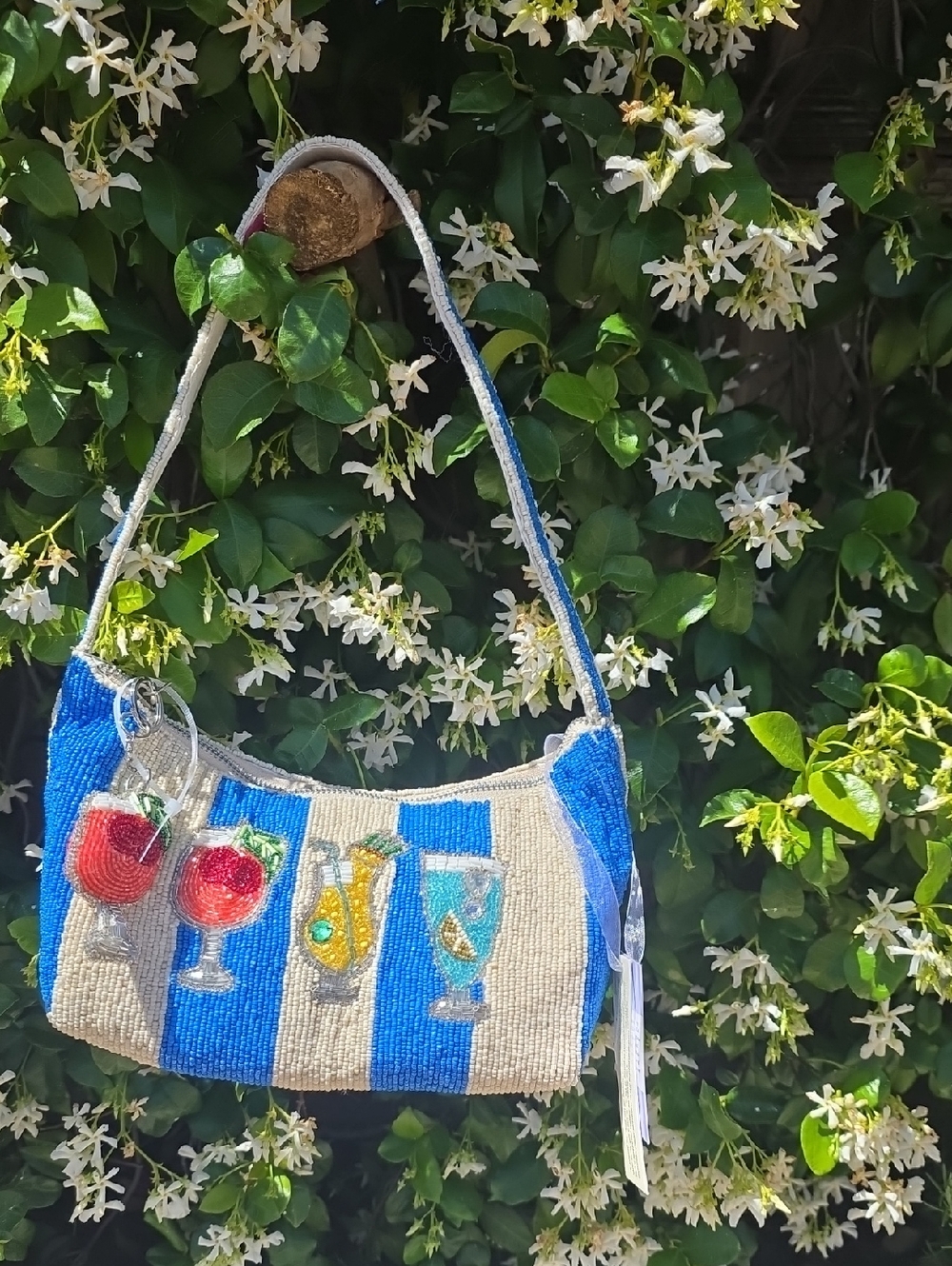Viral Blue and Cream Beaded Stripe Cocktail Shoulder Bag